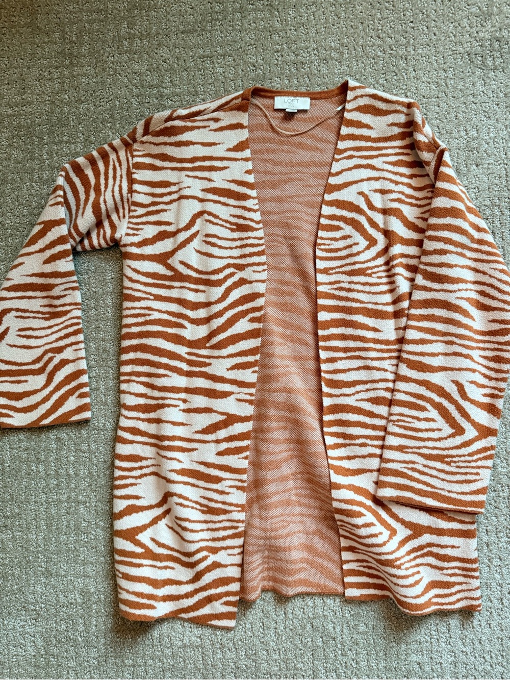 LOFT Rust & Cream Zebra-Print Open Cardigan